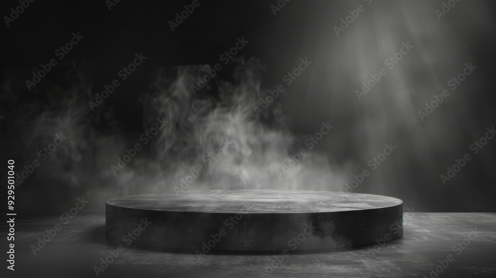 Podium with a black dark smoke background and abstract stage texture. Features a dramatic empty night room with a concrete wall, fog, spotlight, and smoky dust for showcasing products. Podium with a black dark smoke background and abstract stage texture. Features a dramatic empty night room with a concrete wall, fog, spotlight, and smoky dust for showcasing products.