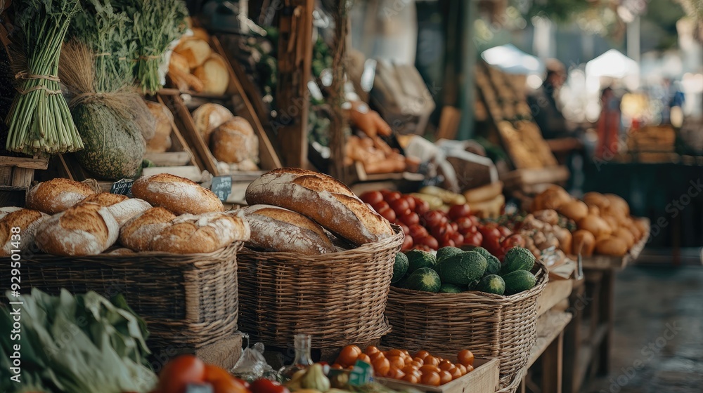 Farmers market with artisanal bread and organic produce displayed, with ample space for promotional text. Farmers market with artisanal bread and organic produce displayed, with ample space for promotional text.