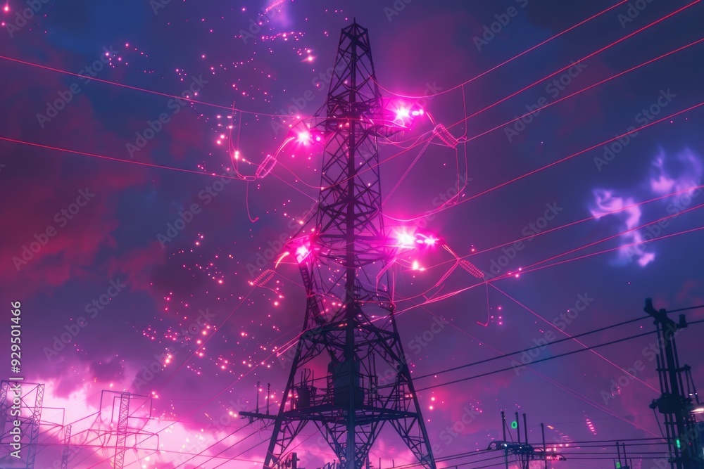 A power line with fireworks exploding in the night sky A power line with fireworks exploding in the night sky