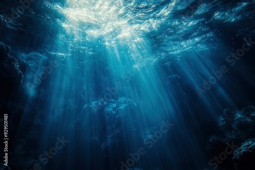 Underwater Sea - Deep Water Abyss With Blue Sun light , ai