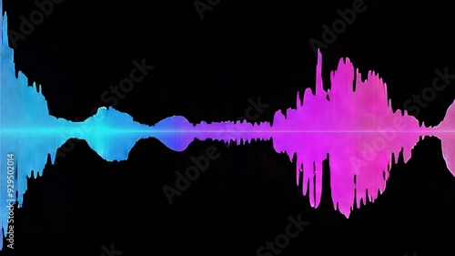 A vibrant soundwave pattern in blue and pink illustrates varying audio frequencies and amplitude peaks against a black background.