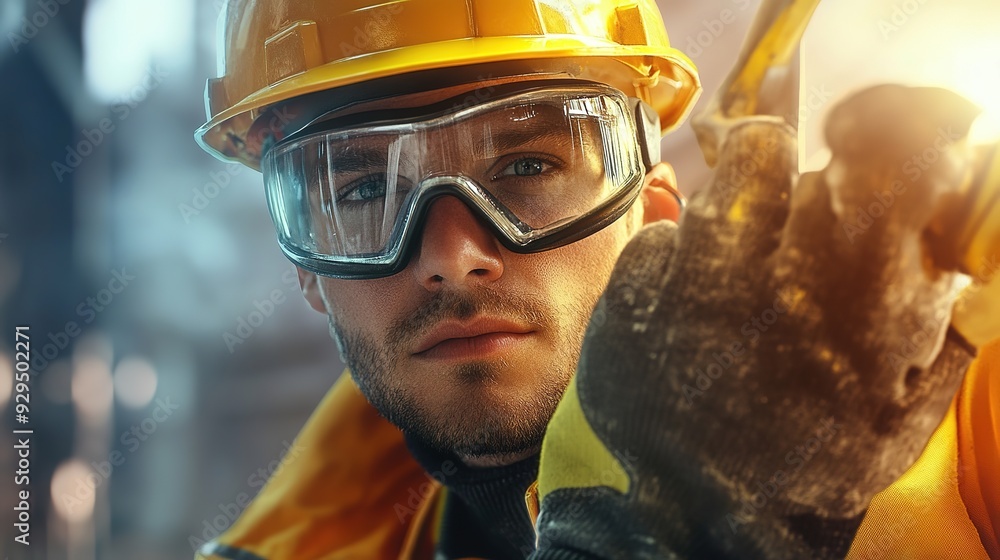 A close-up of a construction worker wearing a hard hat, safety goggles, and gloves, holding a tool on a building site A close-up of a construction worker wearing a hard hat, safety goggles, and gloves, holding a tool on a building site