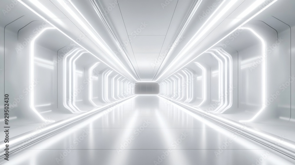 Fototapeta premium Empty futuristic 3D room with white background, abstract space technology tunnel, and modern neon lighting.