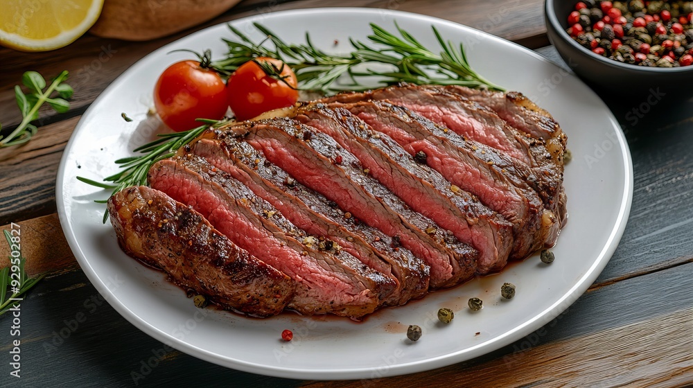 A 45-degree shot of sirloin on a plate, captured in soft, bright tones with multi-level detail using a Nikon camera in 16K HD. A 45-degree shot of sirloin on a plate, captured in soft, bright tones with multi-level detail using a Nikon camera in 16K HD.