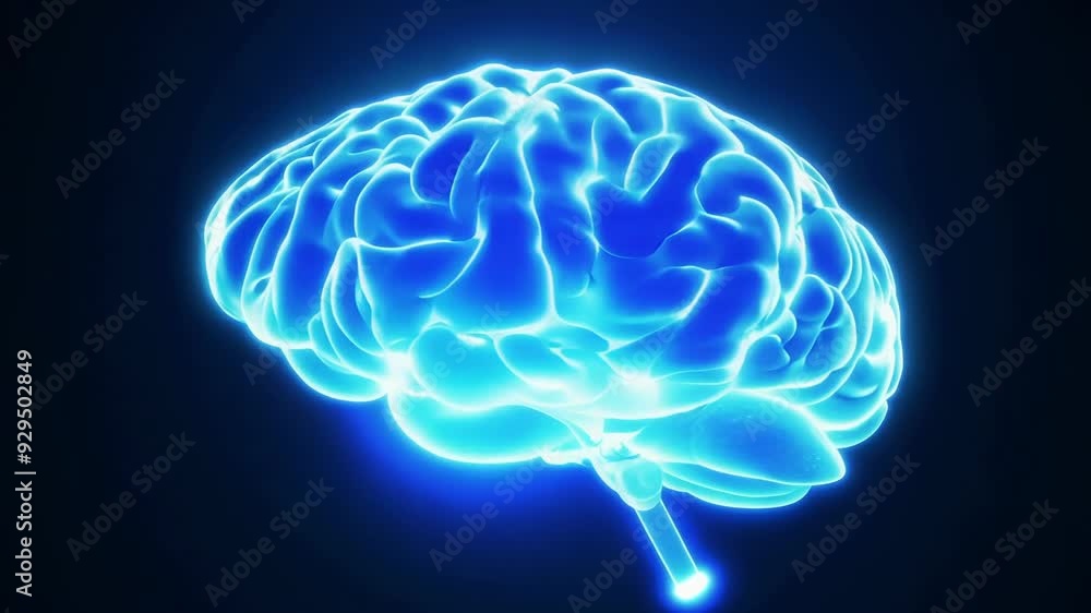 A continuous cycle of movement and light as a rotating blue brain is illuminated by a constant stream of sparkling neurons. A continuous cycle of movement and light as a rotating blue brain is illuminated by a constant stream of sparkling neurons.