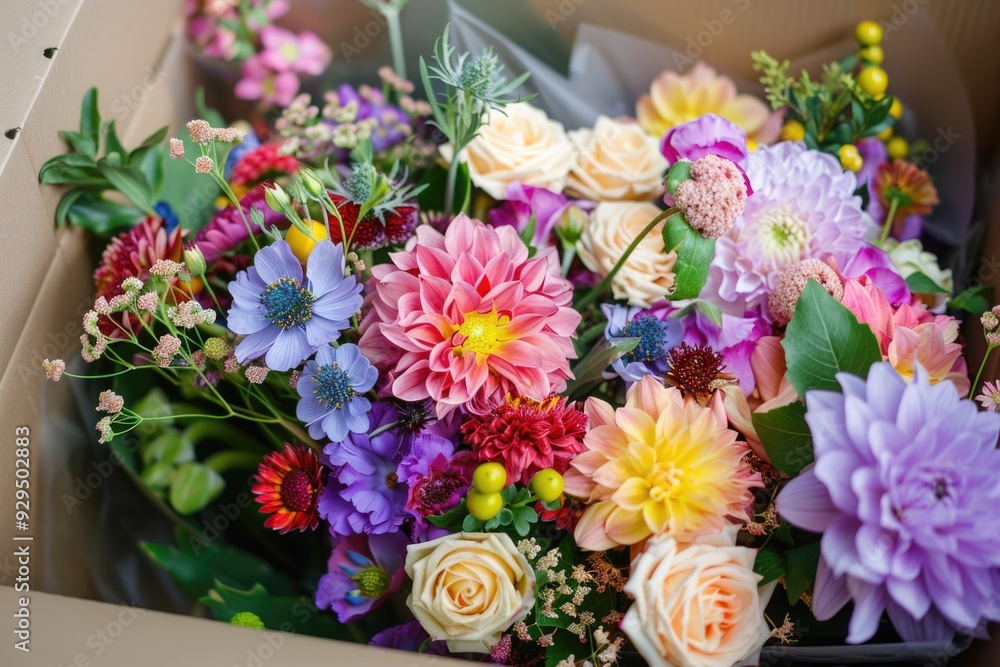 A box filled with vibrant and diverse flowers A box filled with vibrant and diverse flowers