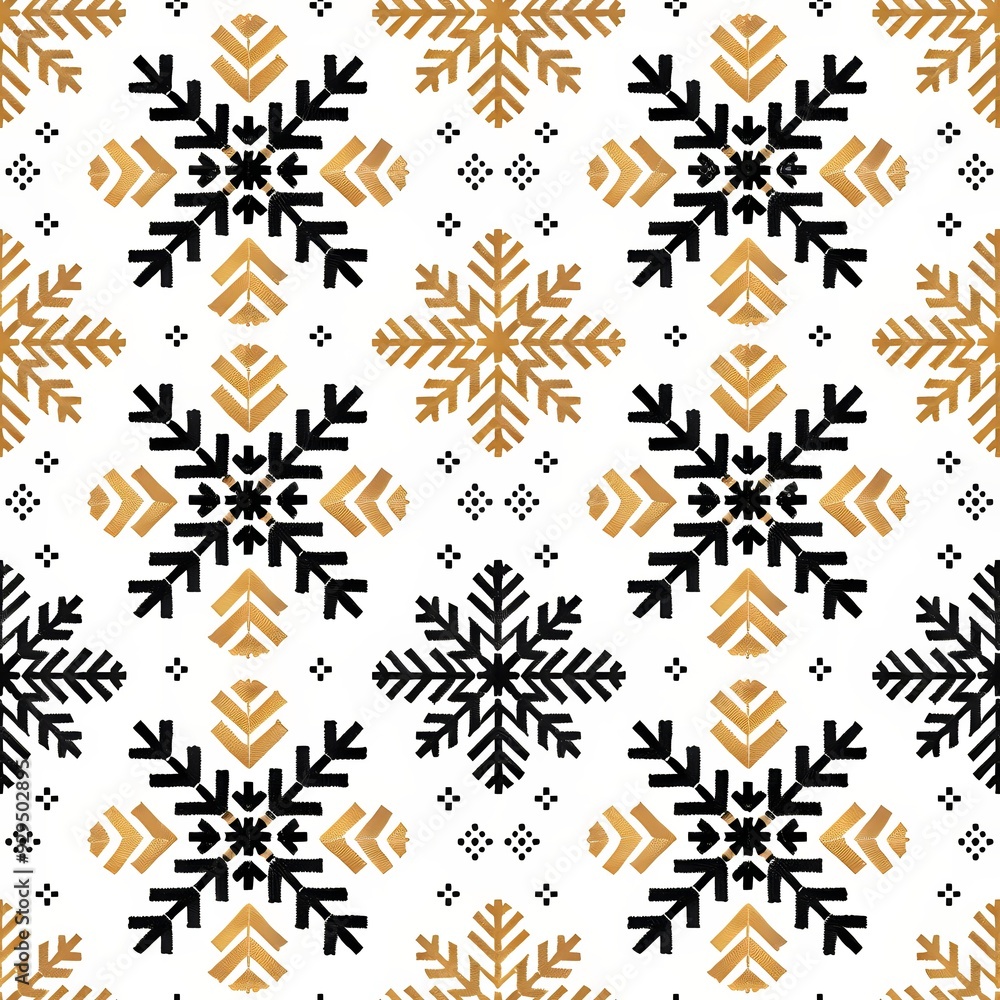 Fototapeta premium Seamless knitting pattern with black snowflakes on white background. New Year and Christmas concept. Traditional Fair Isle style. Cozy winter design for print, banner, poster, paper, textile, fabric