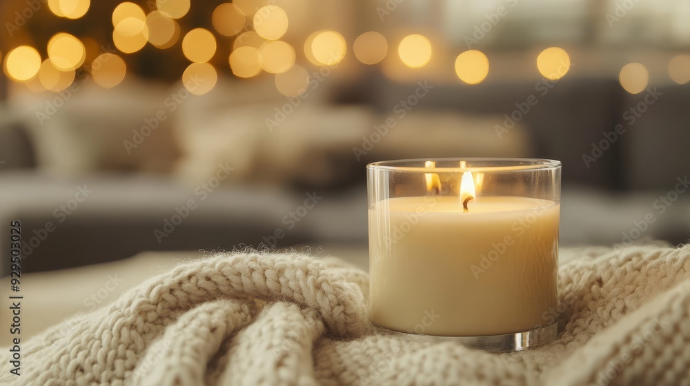 Burning candle in cozy interior Burning candle in cozy interior