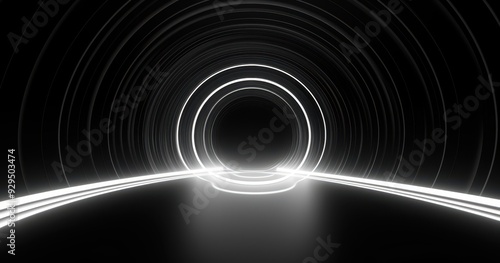 Fototapeta Naklejka Na Ścianę i Meble -  Abstract black and white circular tunnel with glowing edges
