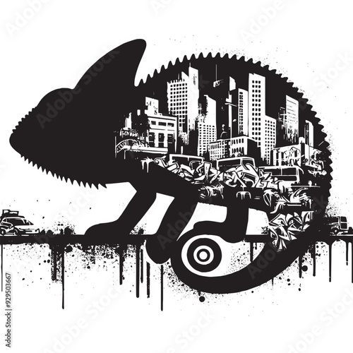 silhouette of Chameleon, filled with graffiti street wall in rough drawing,