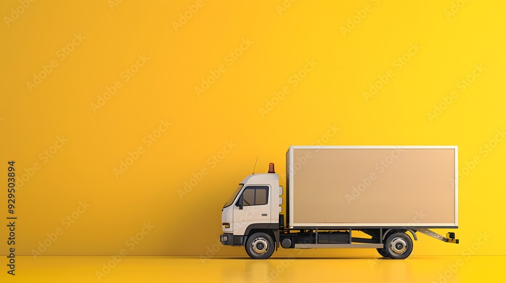 Big cardboard box package on a grey truck ready to be delivered on yellow background. Big cardboard box package on a grey truck ready to be delivered on yellow background.