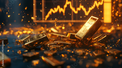 dramatic scene with gold bars scattered on the floor, a shattered stock market graph in the background.