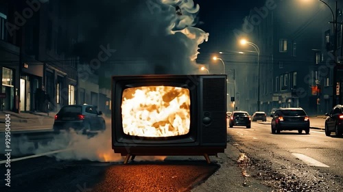 Wallpaper Mural Fiery vintage tv on city street at night, engulfed in smoke Torontodigital.ca
