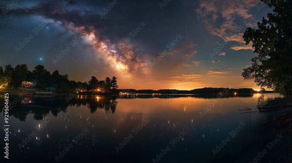 A serene night scene featuring the Milky Way reflecting on a tranquil lake. A serene night scene featuring the Milky Way reflecting on a tranquil lake.