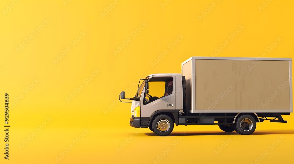 Big cardboard box package on a grey truck ready to be delivered on yellow background. Big cardboard box package on a grey truck ready to be delivered on yellow background.