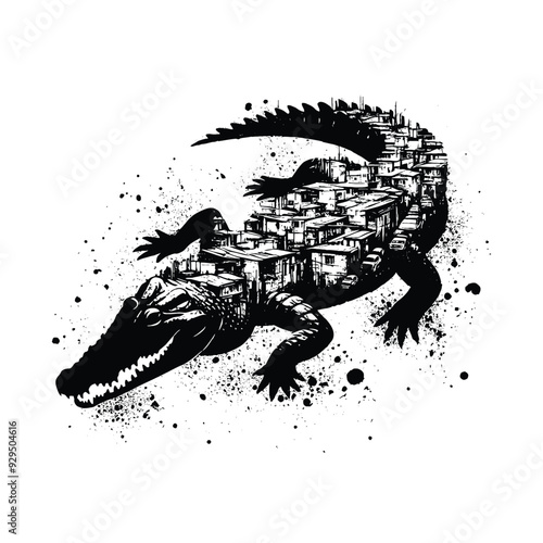 silhouette of Crocodile, filled with ghetto street in rough drawing, animal,