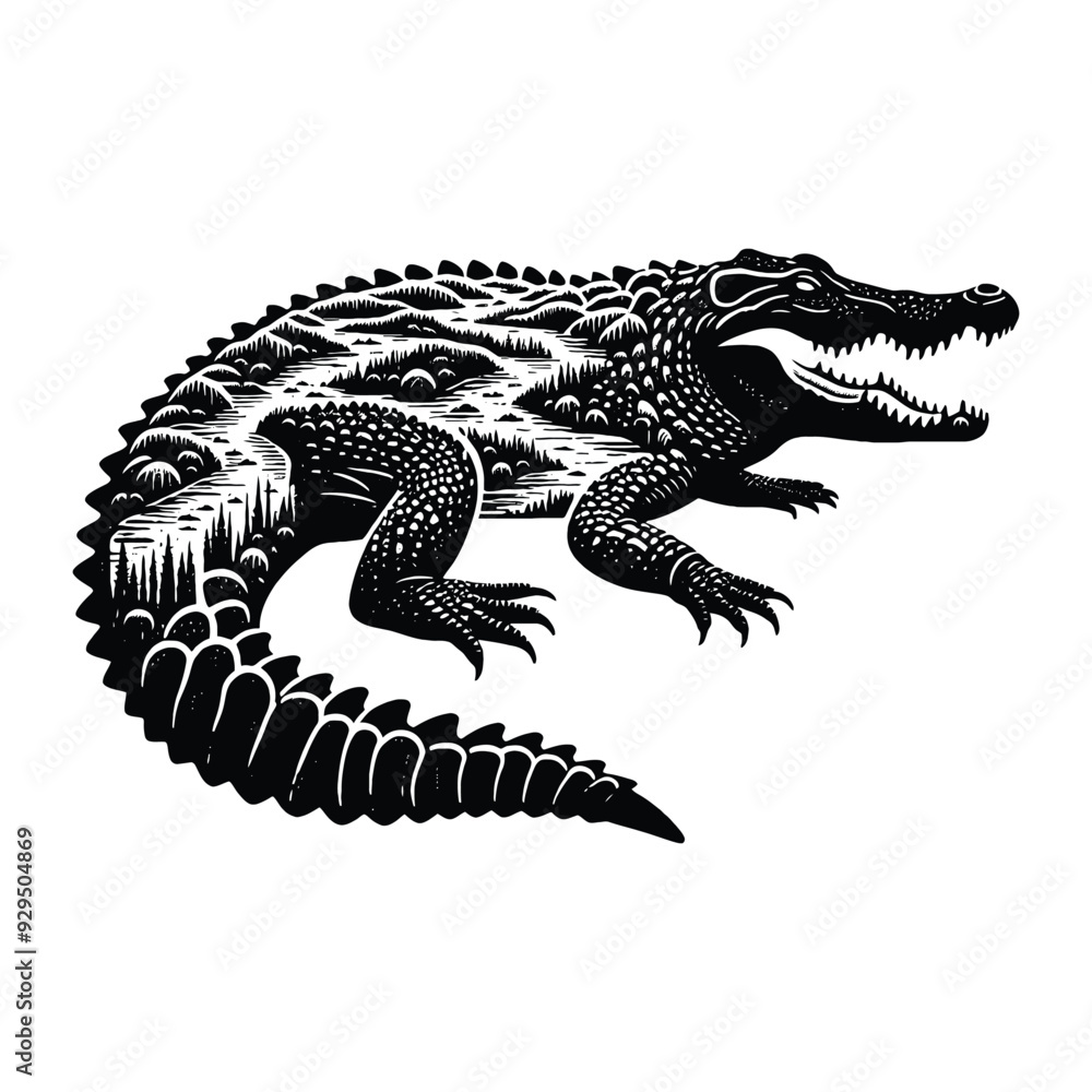 Fototapeta premium silhouette of Crocodile, filled with river view in rough drawing, animal,