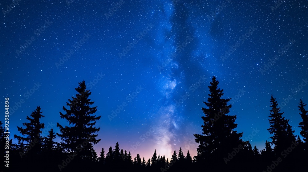 A serene night sky filled with stars and the Milky Way, framed by silhouetted trees. A serene night sky filled with stars and the Milky Way, framed by silhouetted trees.
