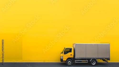 Big cardboard box package on a grey truck ready to be delivered on yellow background.