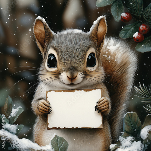 Grey Squirrel Holding Blank Whitespace Sign in Winter Forest, Closeup Animal Portrait Illustration