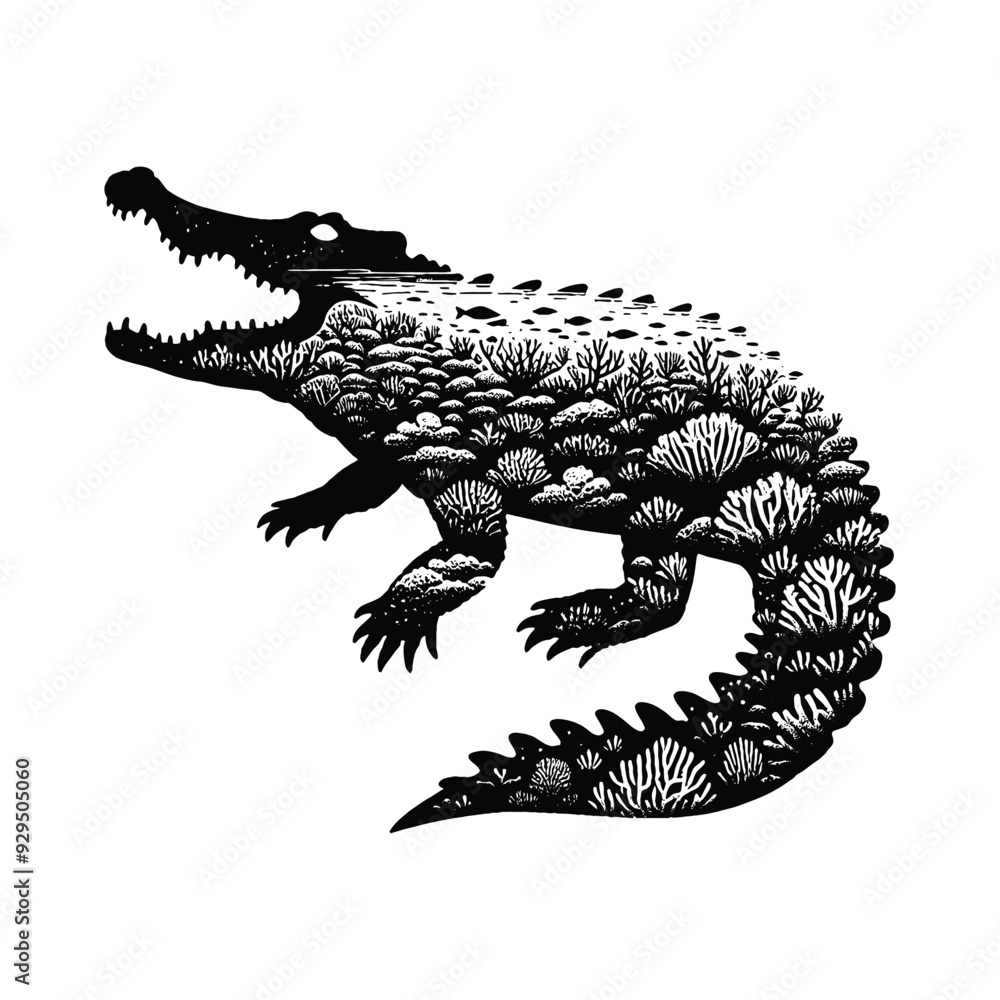Fototapeta premium silhouette of Crocodile, filled with underwater view with coral in rough drawing, animal,