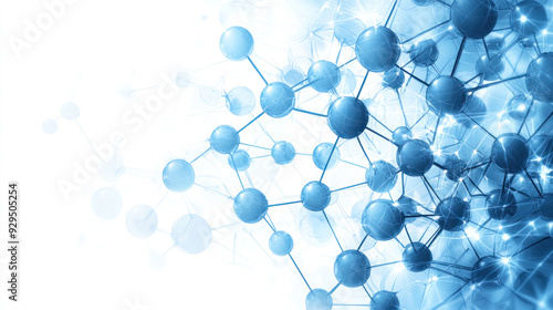 A blue and white image of molecules and atoms. The image is abstract and has a scientific feel to it