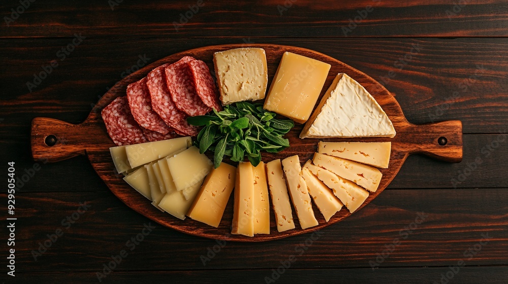 A wooden platter featuring assorted cheeses, salami, and fresh herbs, ideal for a charcuterie board. A wooden platter featuring assorted cheeses, salami, and fresh herbs, ideal for a charcuterie board.