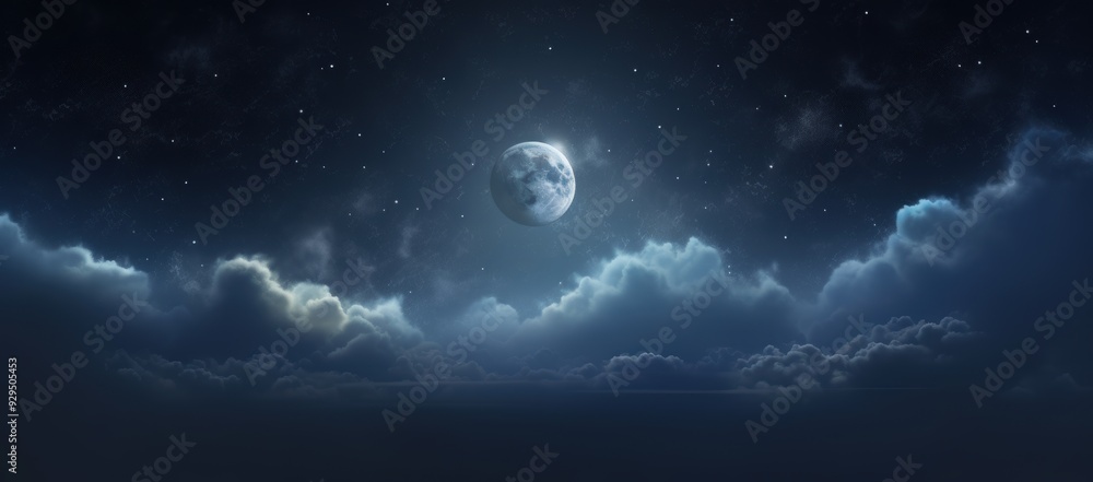 Fototapeta premium Full Moon and Stars Shining Above a Sea of Clouds