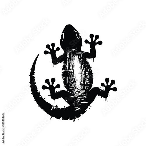 silhouette of Gecko, filled with destroyed futuristic dystopia environment in rough drawing, animal,