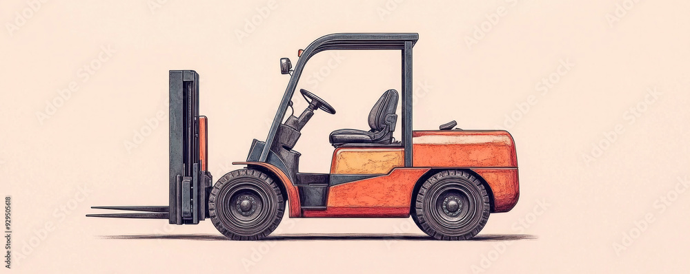 A forklift is parked on the ground. The forklift is orange and has a black cab A forklift is parked on the ground. The forklift is orange and has a black cab