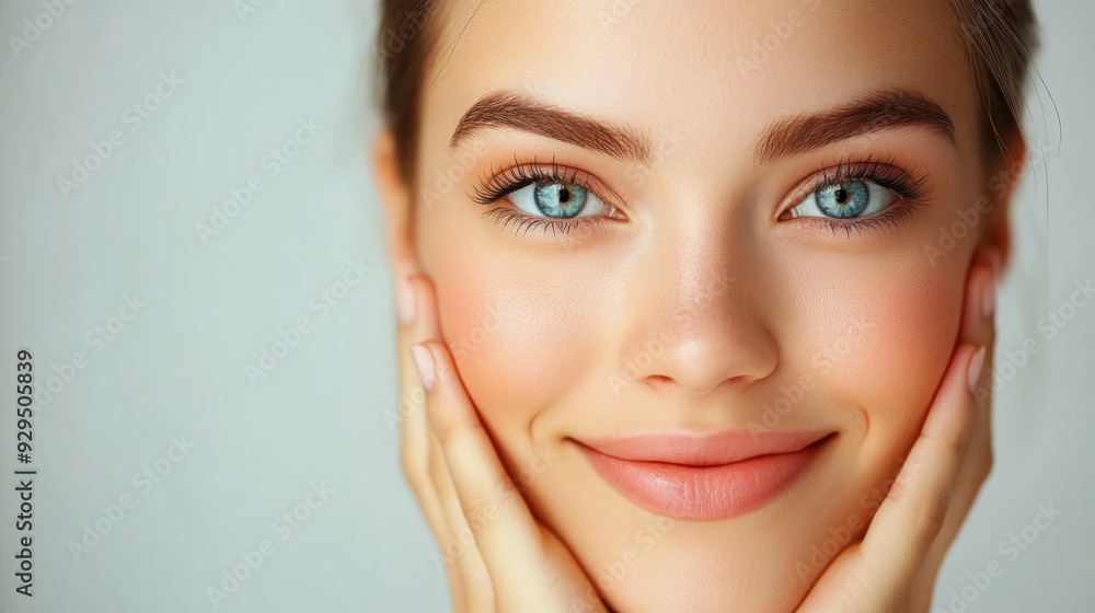 A woman with blue eyes and a pinkish tint to her lips. She is smiling and has her hands on her face A woman with blue eyes and a pinkish tint to her lips. She is smiling and has her hands on her face