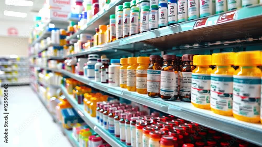 A variety of medication bottles are neatly arranged on pharmacy shelves, showcasing vibrant labels and caps under bright lighting. A variety of medication bottles are neatly arranged on pharmacy shelves, showcasing vibrant labels and caps under bright lighting.
