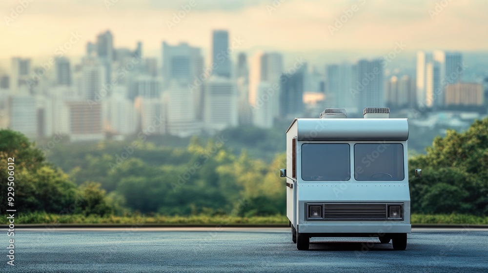 Front view of a plain food truck parked on a deserted road. Background of city skyline blurred, focus on the truck with room for text. Front view of a plain food truck parked on a deserted road. Background of city skyline blurred, focus on the truck with room for text.