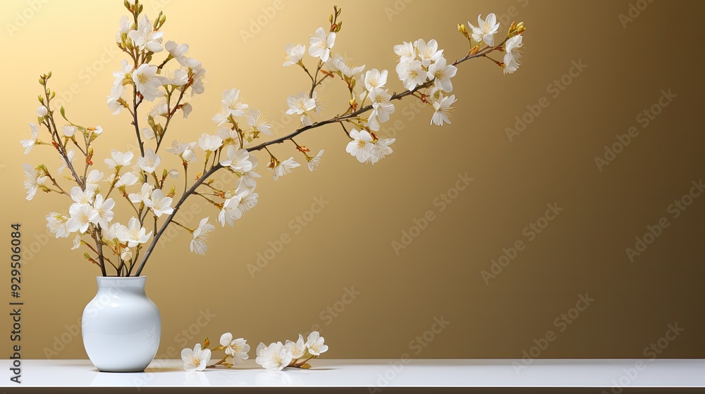 Blank white drawing canvas on mint soft yellow colored surface with spring leaves in white pot. Spring Summer Eco design Blank white drawing canvas on mint soft yellow colored surface with spring leaves in white pot. Spring Summer Eco design