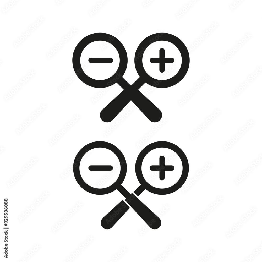 Zoom in out icons. Magnifying glass symbols. Black vector illustration. Search tool. Zoom in out icons. Magnifying glass symbols. Black vector illustration. Search tool.
