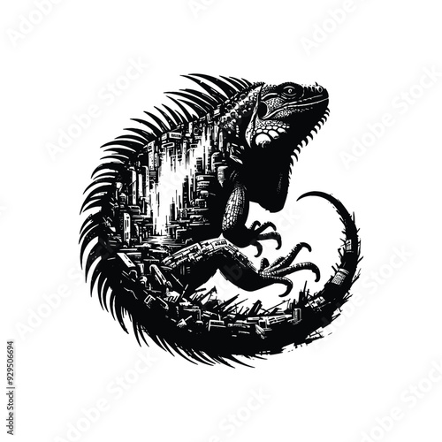 silhouette of Iguana, filled with destroyed futuristic dystopia environment in rough drawing, animal,