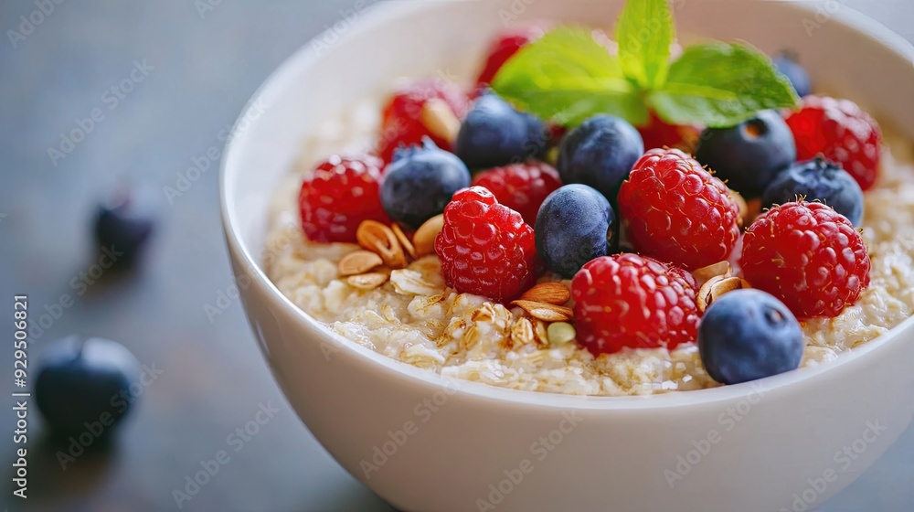 A bowl of oatmeal topped with fresh berries and seeds, with space for text or logos. A bowl of oatmeal topped with fresh berries and seeds, with space for text or logos.