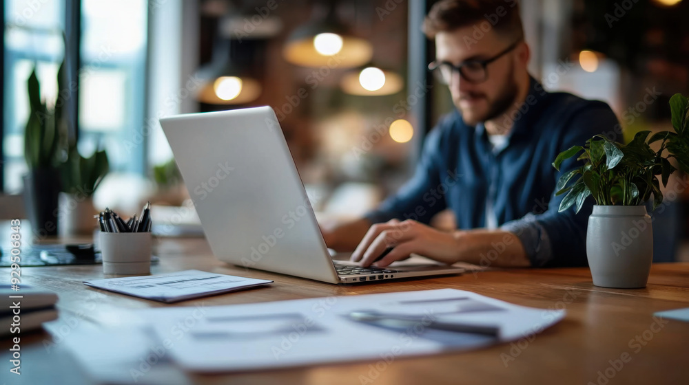 Man focused on working at his laptop in a cozy office setting with warm lighting and plants, emphasizing productivity and comfort. Man focused on working at his laptop in a cozy office setting with warm lighting and plants, emphasizing productivity and comfort.