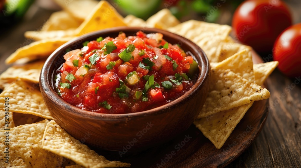 A bowl of spicy salsa with tortilla chips, with space for menu content or branding. A bowl of spicy salsa with tortilla chips, with space for menu content or branding.