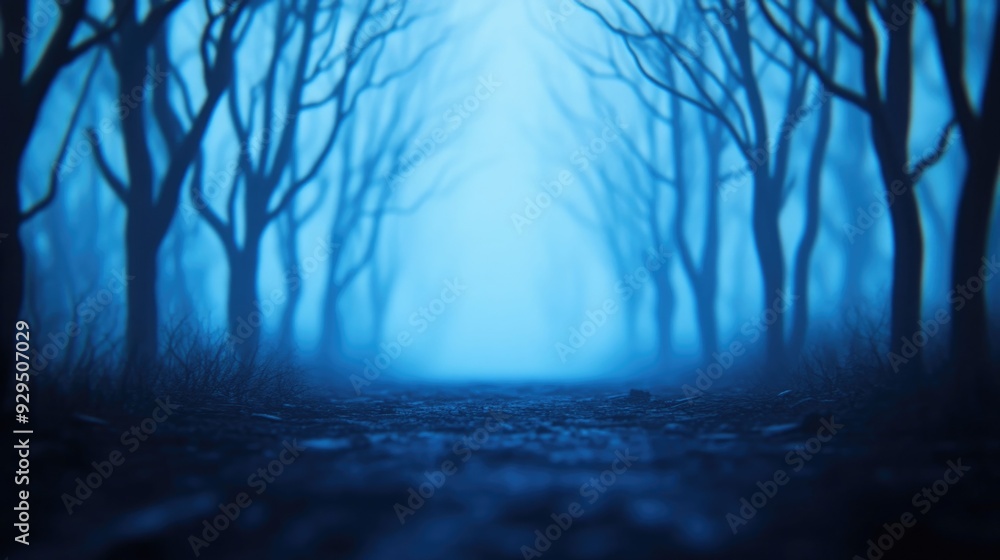 Mysterious and spooky forest with eerie blue lighting creating a haunting and enchanting Halloween inspired environment Mysterious and spooky forest with eerie blue lighting creating a haunting and enchanting Halloween inspired environment
