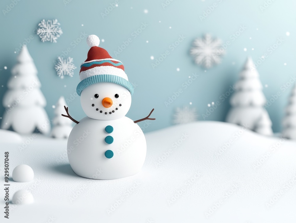 Fototapeta premium A cheerful snowman wearing a colorful hat stands in a snowy winter wonderland. The background features snowy trees and falling snowflakes.