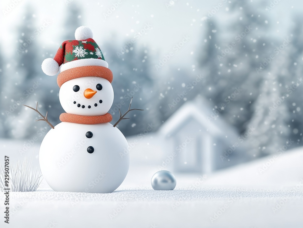 A cheerful snowman wearing a red and white hat and scarf stands in a snowy landscape, with a small house in the background. A cheerful snowman wearing a red and white hat and scarf stands in a snowy landscape, with a small house in the background.