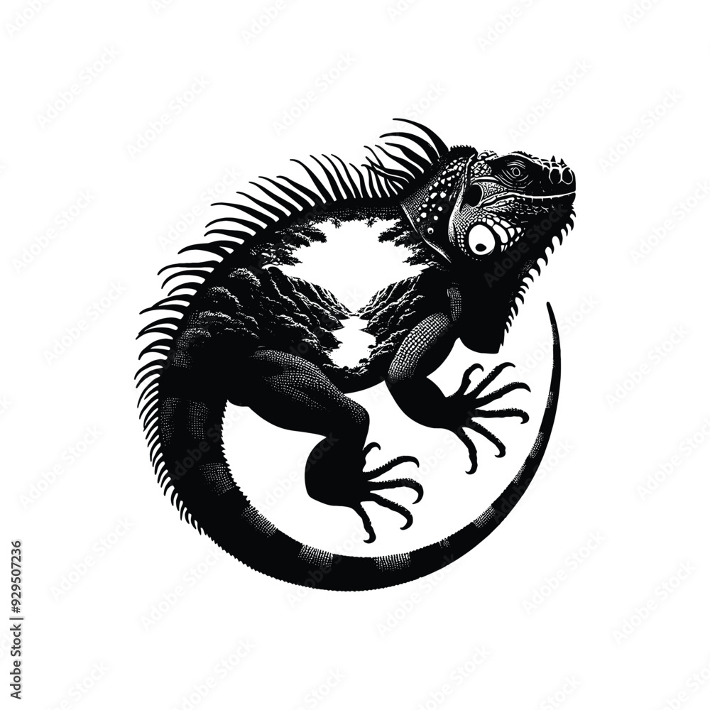 silhouette of Iguana, filled with nature view in rough drawing, animal, silhouette of Iguana, filled with nature view in rough drawing, animal,