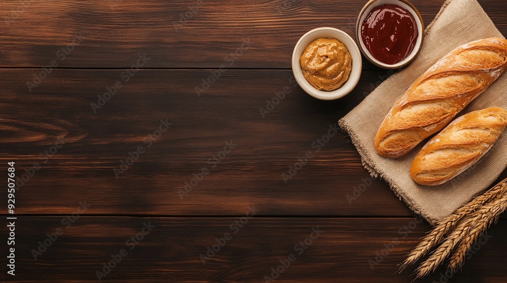 Fresh bread with condiments on a wooden table, perfect for a snack or meal. Fresh bread with condiments on a wooden table, perfect for a snack or meal.