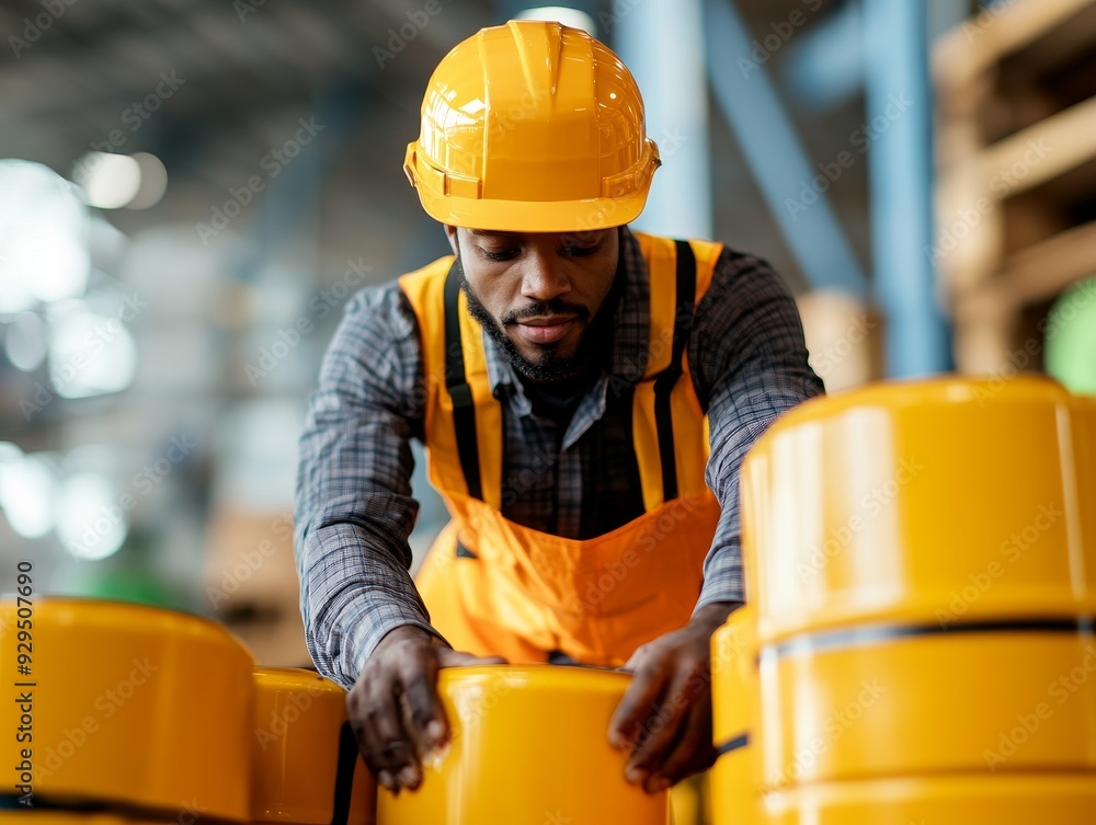 A factory worker in a yellow hardhat and vest inspects yellow parts in a warehouse. A factory worker in a yellow hardhat and vest inspects yellow parts in a warehouse.