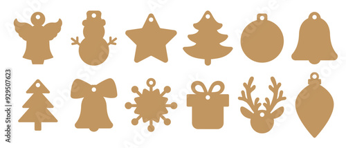 Set of Christmas gift tags vector templates for cutting. New Years and winter holiday tag stencils. Craft paper or cardboard label for gift wrapping