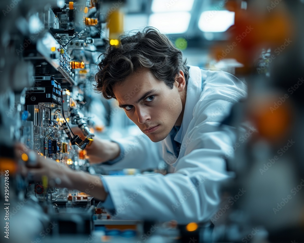 A focused scientist in a lab coat works intently on a complex technological project. A focused scientist in a lab coat works intently on a complex technological project.