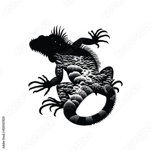 silhouette of Iguana, filled with underwater view with coral in rough drawing, animal,