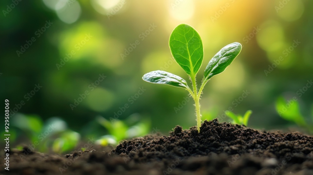 Fototapeta premium Young Sprout Growing in Soil Against Green Background