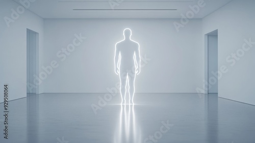 A glowing human figure stands in a stark white room, representing the concept of presence or individuality.